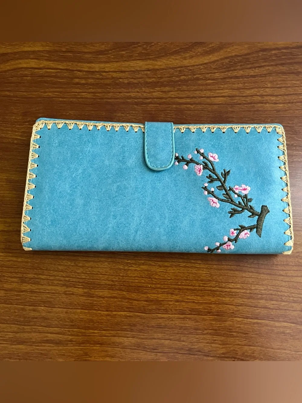 NWOT Sakura Embroidered Cherry Blossom Long Wallet Floral Clutch Woven Blue Snap